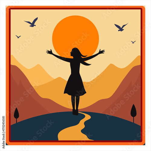 Vector art illustration of a girl on a mountainside arranged in a frame