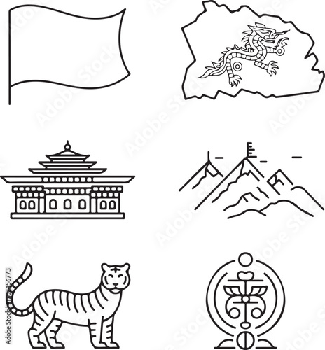 Bhutan National Symbols Outline Icons Set Flag, Map, Dragon, Dzong Temple, Himalaya Mountains, Prayer Wheels, Tiger, and Cultural Heritage Vector Pack