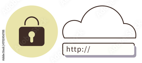 Cloud outline with a browser address bar and a padlock symbol for secure connections. Ideal for cybersecurity, web hosting, data encryption, online privacy, cloud storage, digital safety, simple flat