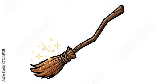Cartoon Broom with Wooden Handle and Magic Sparkles.
