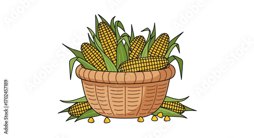 Cartoon illustration of a woven basket overflowing with fresh ears of corn in husks.