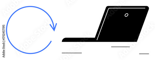 Black laptop alongside a blue circular arrow representing software updates, refresh, reset, or restart actions. Ideal for technology, progress, workflow, innovation, renewal automation simple flat