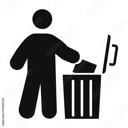 Person Disposing of Trash in a Waste Bin, Recycling and Waste Management Concept, Keeping Environment Clean and Tidy, Simple Black Silhouette Icon