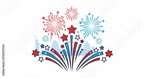 Colorful Vector Fireworks Display with Starbursts and Star Shapes.