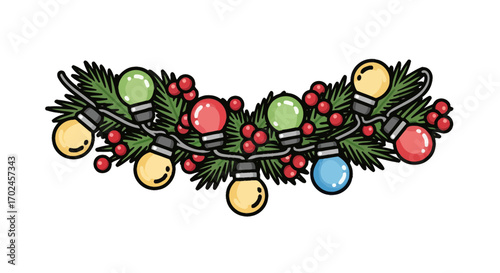 Festive Christmas Garland with Colorful Lights and Berries.
