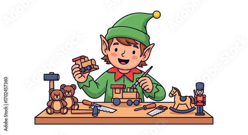 Happy Christmas Elf Making Wooden Toys at Workshop Workbench.