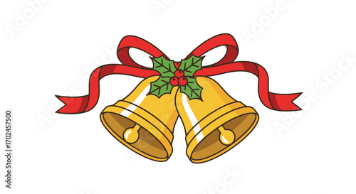 Two Golden Christmas Bells Tied with a Red Ribbon and Holly Sprig.
