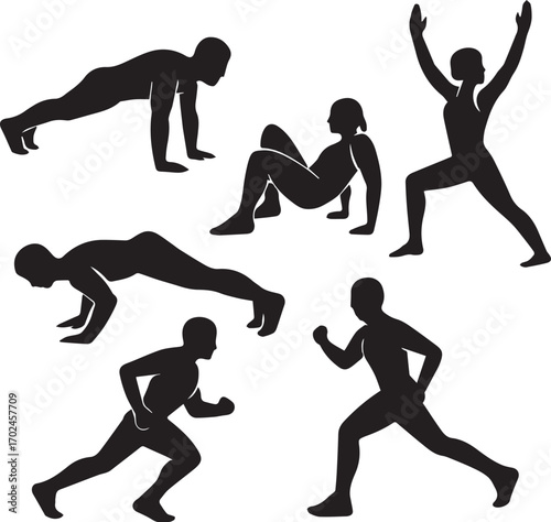 PrintFitness Exercise Silhouette Set Vector in Black Featuring Plank, Stretch, Run, and Push-Up Poses for Health and Activity Themes
