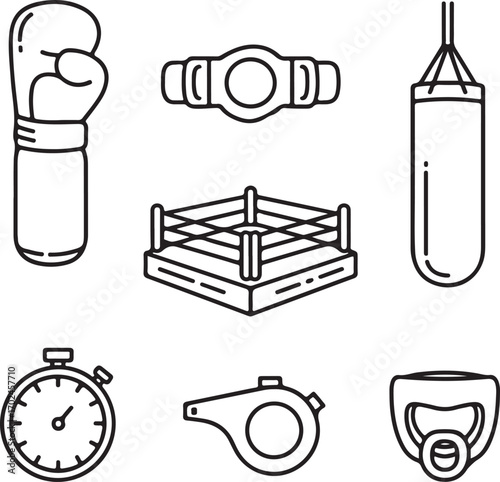 Boxing Outline Icons – Gloves, Punching Bag, Boxing Ring, and Champion Belt