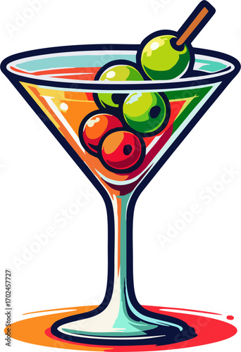 Colorful Cartoon Martini Glass with Mixed Olives – Vibrant Cocktail Vector Illustration