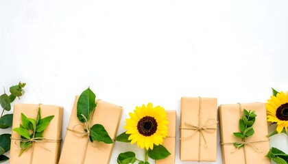 Gift boxes with sunflowers and eucalyptus