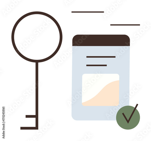 Oversized key alongside a document with a graph and checkmark signifies security, access, and verification. Ideal for data protection, authentication, access control, cybersecurity, approval, trust