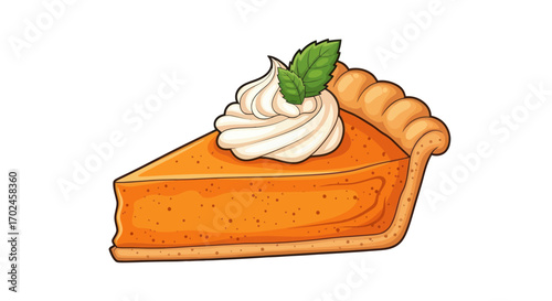 Delicious Slice of Pumpkin Pie with Whipped Cream and Mint.