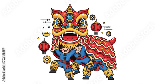 Vibrant Chinese Lion Dance Performance with Two Performers.