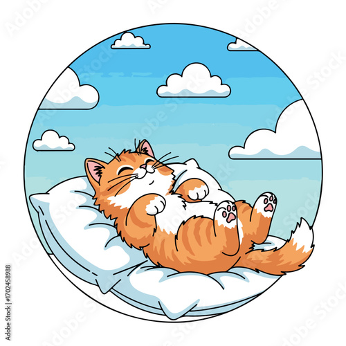 Whimsical cartoon illustration of a contented, fluffy orange cat blissfully napping on a soft white