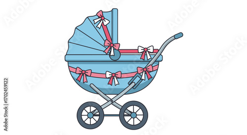 Adorable blue vintage baby carriage adorned with pink ribbons and bows.