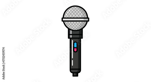 A classic black microphone with a silver grille and colored buttons.
