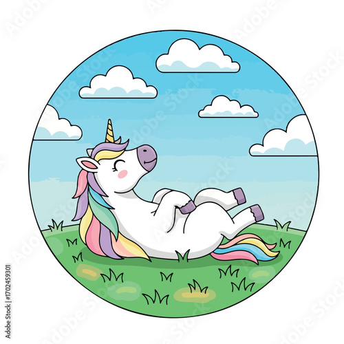 Whimsical Cartoon Unicorn with Rainbow Mane and Tail Happily Relaxing on Lush Green Grass Under
