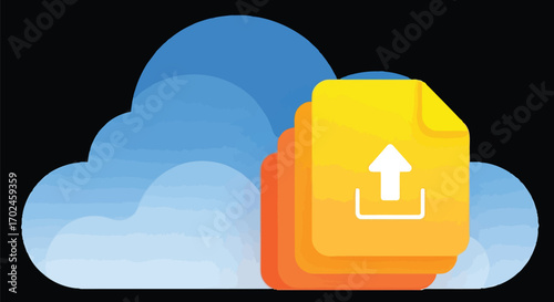 Vector illustration of illustration of a cloud with a stack of documents featuring an upload icon, representing cloud storage and file transfer services