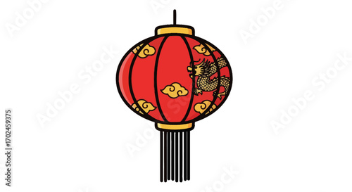 Vibrant Red Chinese Lantern Illustration with Golden Dragon and Tassels.