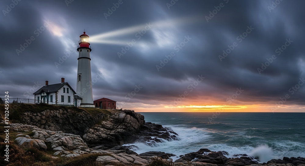Naklejka premium Lighthouse Beams Light on Dramatic Ocean Coastline.
