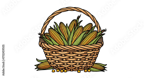 Wicker Basket Overflowing with Fresh Corn on the Cob.