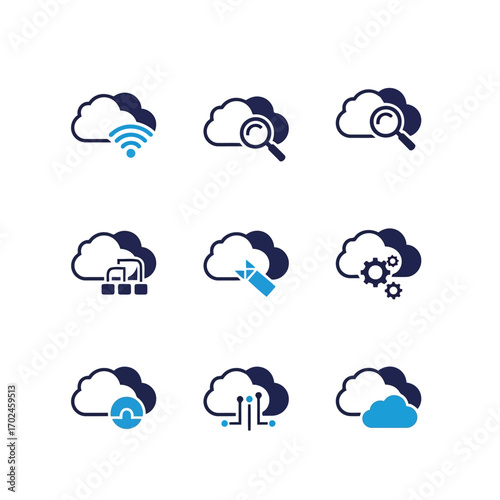 Vector illustration of collection of nine minimalist cloud icons, each representing a different aspect of cloud computing services like wifi, search, security, and data