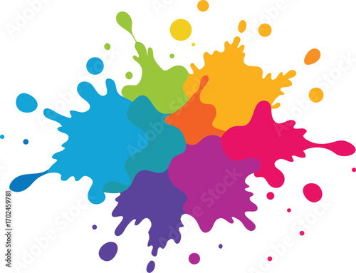 Vector art of colorful paint splash, featuring vibrant hues of blue, green, yellow, orange, pink, and purple, creating a dynamic abstract design