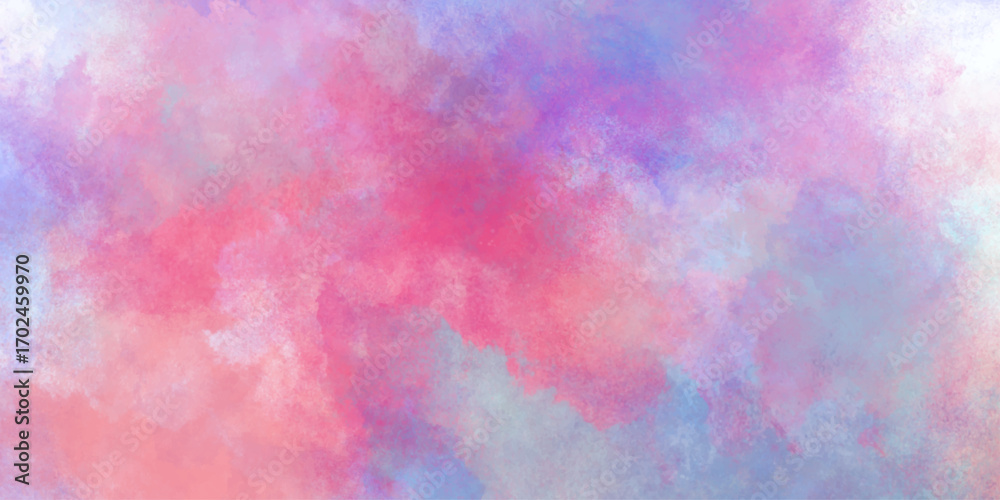 Obraz premium Abstract colorful watercolor drawing on a paper image, with puffy clouds in bright rainbow colors of pink blue yellow orange and purple, fantasy smooth light pink watercolor painted background.
