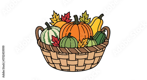 A colorful cartoon illustration of a woven basket filled with autumn pumpkins gourds and leaves.
