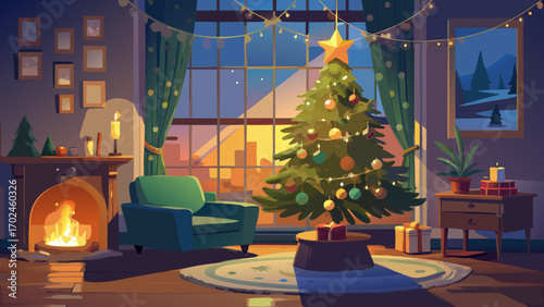 A beautifully decorated Christmas tree with lights and gifts stands next to a fireplace in a cozy winter room, creating a festive holiday celebration