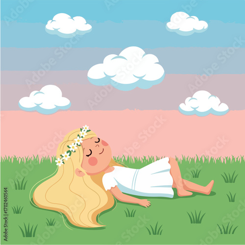 Carefree Little Blonde Girl with a Flower Crown Peacefully Relaxing on Green Grass Under a Serene