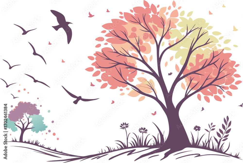Fototapeta premium Vector art of autumn tree with birds, showcasing vibrant foliage in shades of pink, yellow, and green, creating a picturesque seasonal landscape