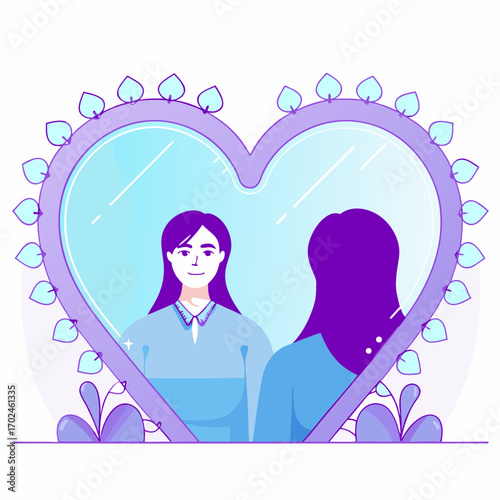 Woman looking at reflection in heart-shaped mirror illustration