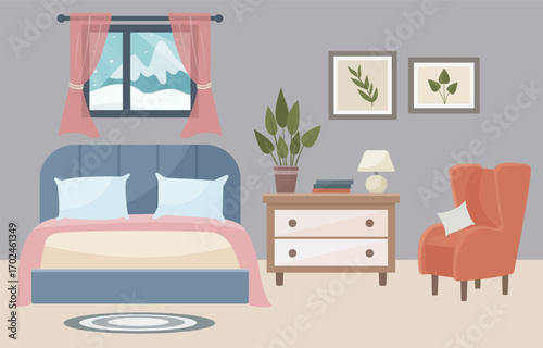 Flat vector illustration of a cozy bedroom interior in a modern style: armchair, bed, chest of drawers with books, houseplant, large window. Ideal for interior design concepts.