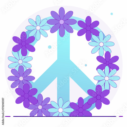 Peace symbol with purple and blue flowers in flat style
