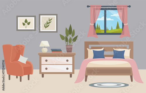 Flat vector illustration of a cozy bedroom interior in a modern style: armchair, bed, chest of drawers with books, houseplant, large window. Ideal for interior design concepts.