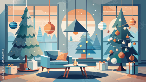 Illustration of a festive holiday room with a decorated Christmas tree and cozy fireplace, perfect for a winter celebration