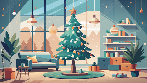 A whimsical Christmas illustration of a snowman standing beside a decorated pine tree with gifts and a shining star on top