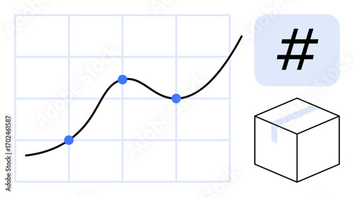 Growth curve on a grid with blue data points, metadata tag icon, and a simple cube. Ideal for data analysis, progress tracking, social trends, logistics, marketing, statistics simple landing page
