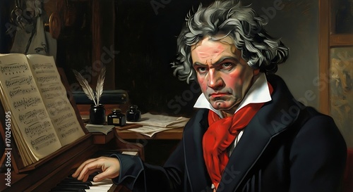 Ludwig van Beethoven Portrait at Piano with Score.