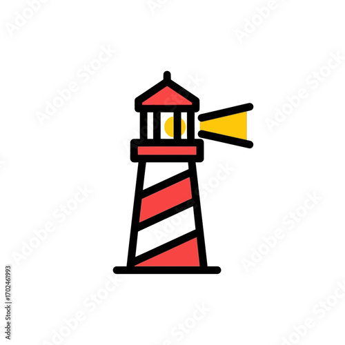 Coastal lighthouse radiates light maritime safety icon
