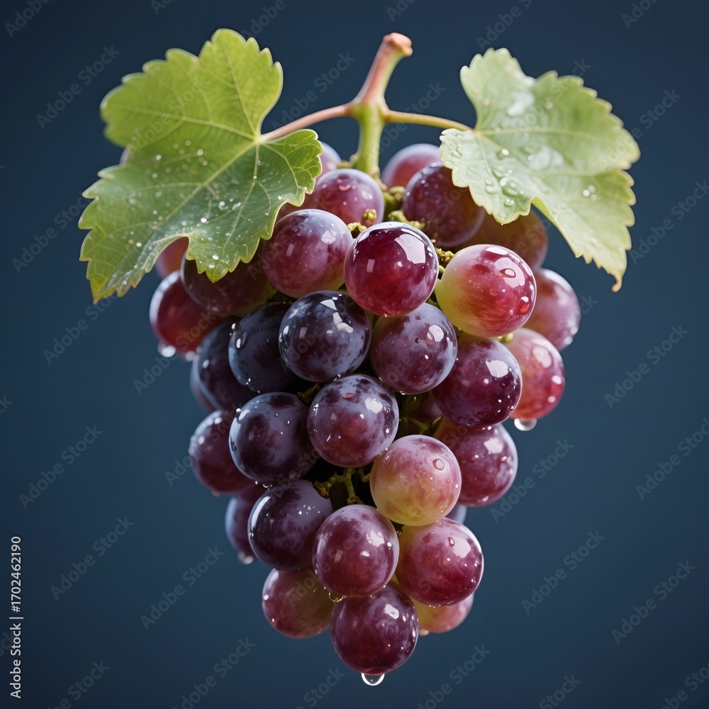 Fototapeta premium Close-up of a cluster of plump, ripe dark grapes on the vine.