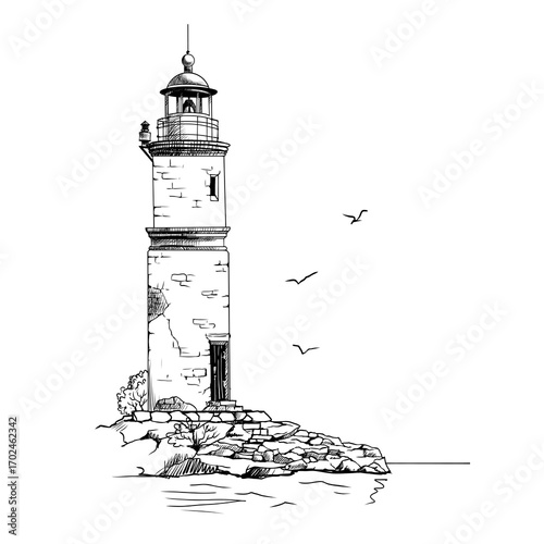 Lighthouse. Hand drawn sketch vector. Ancient architecture