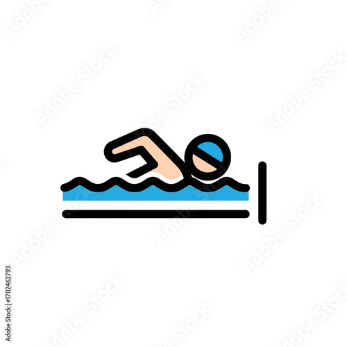 Swimmer icon swims freestyle across pool water line icon
