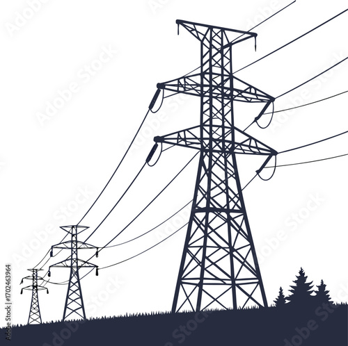 Electric power towers and utility pylons connected with multiple overhead wires in countryside environment, detailed EPS 10 black vector file.