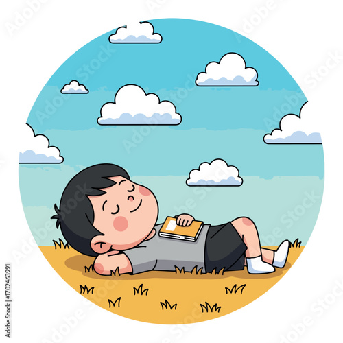 A contented cartoon boy with dark hair enjoys a peaceful nap or quiet reading moment outdoors, lying