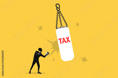 Businessman fighting with steel pendulum text word tax