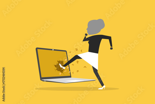 Crazy stressed businessman destroying  laptop with foot, concept of job burnout, and pressure