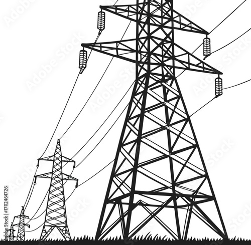 Energy transmission tower carrying heavy power cables across countryside landscape, detailed black silhouette vector EPS 10 illustration of industrial electricity grid and modern eps vector file.